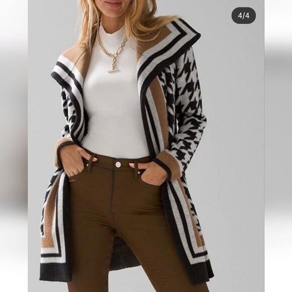 White House Black Market Houndstooth Stripe Sweater Coat Size Medium - Picture 13 of 15